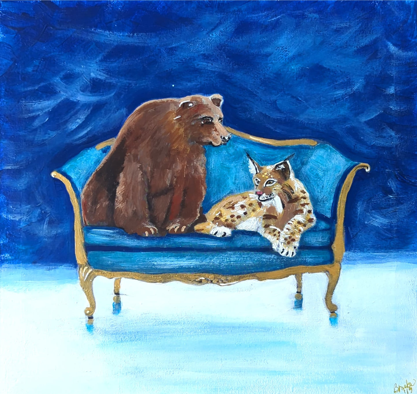 Brown Bear and Lynx on Chair