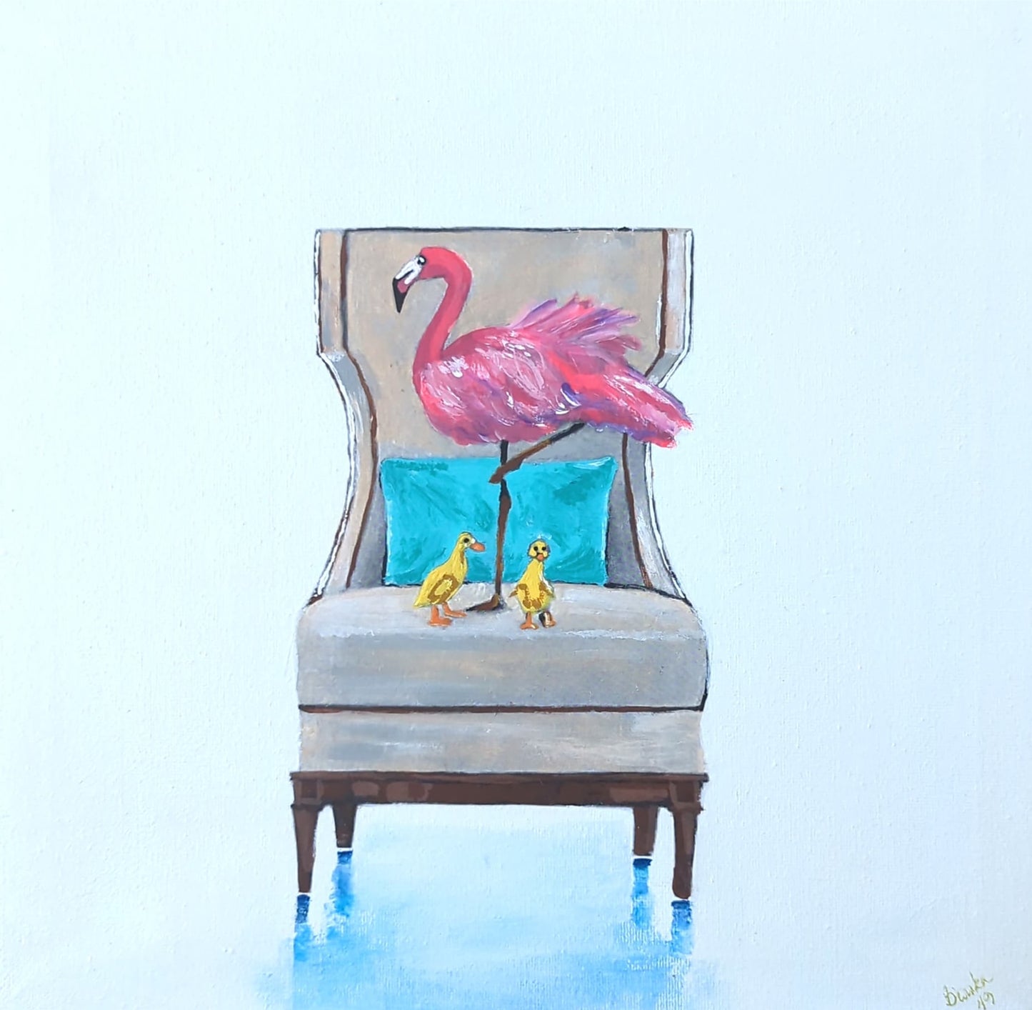 Flamingo n Baby Ducks on Chair