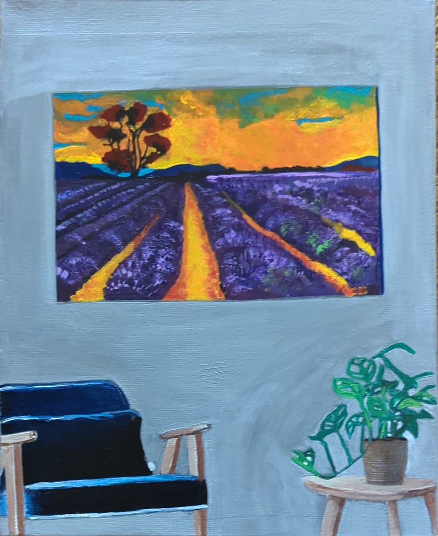 Empty Blue Chair w/Purple Flower Field