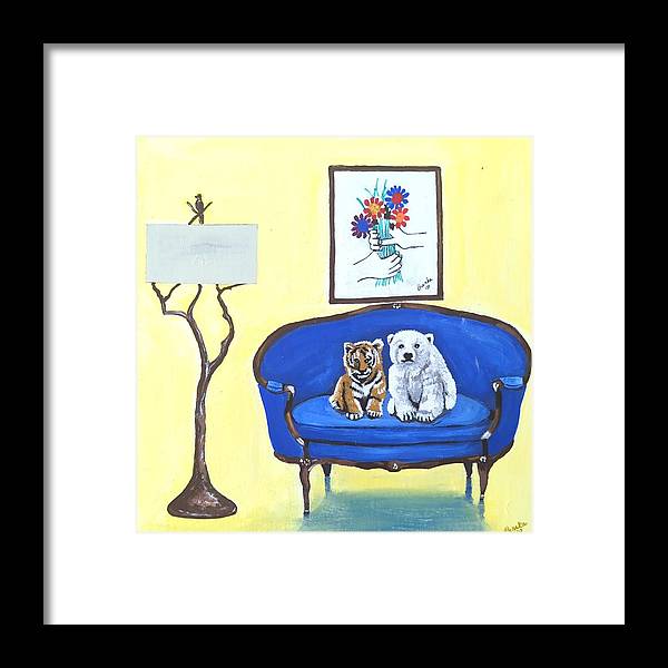 Baby tiger n bear on chair  - Framed Print