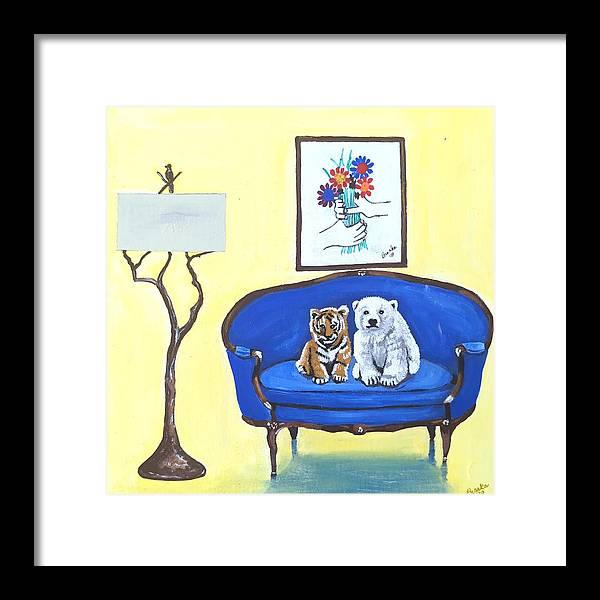 Baby tiger n bear on chair  - Framed Print