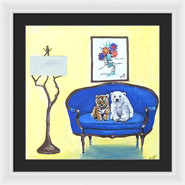 Baby tiger n bear on chair  - Framed Print