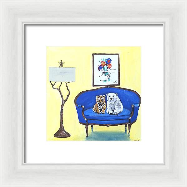 Baby tiger n bear on chair  - Framed Print