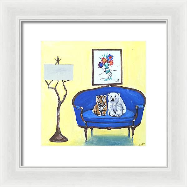 Baby tiger n bear on chair  - Framed Print