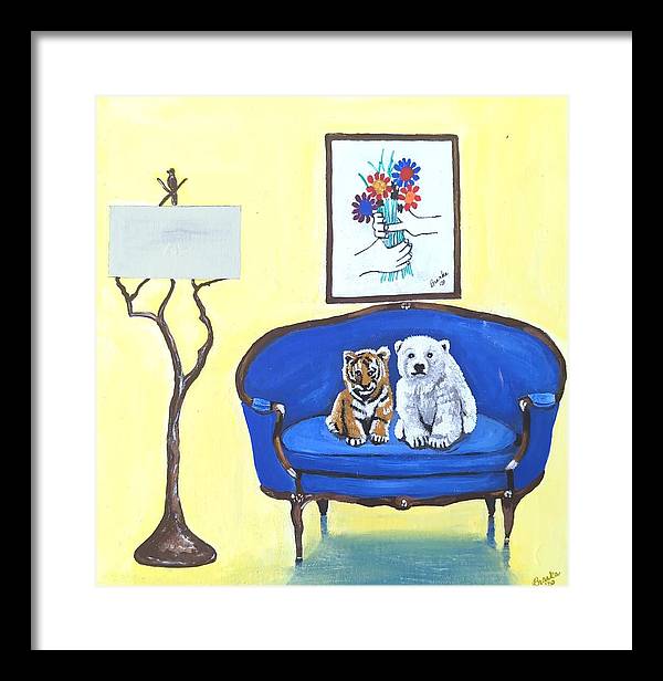 Baby tiger n bear on chair  - Framed Print