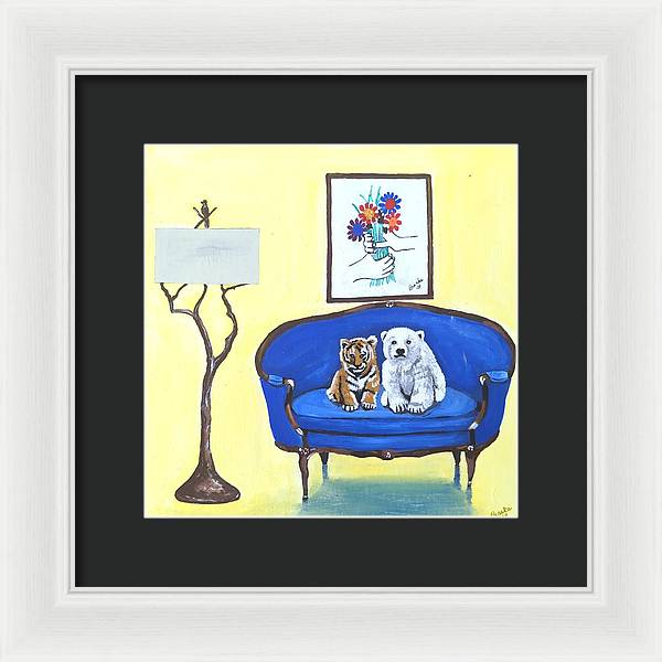 Baby tiger n bear on chair  - Framed Print