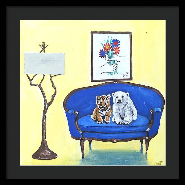 Baby tiger n bear on chair  - Framed Print