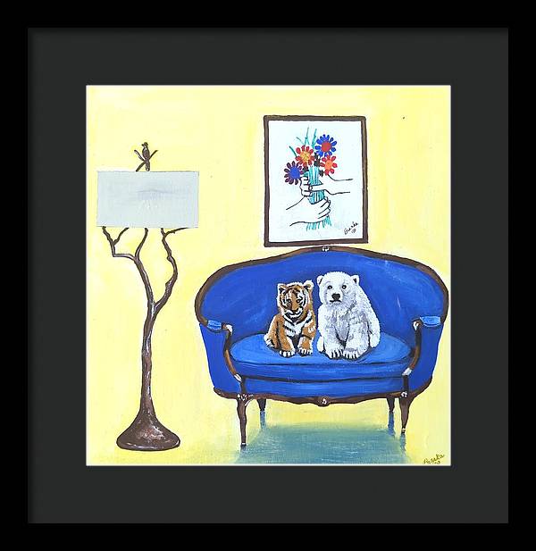 Baby tiger n bear on chair  - Framed Print