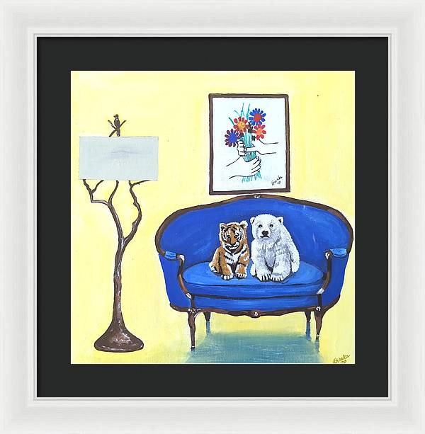 Baby tiger n bear on chair  - Framed Print