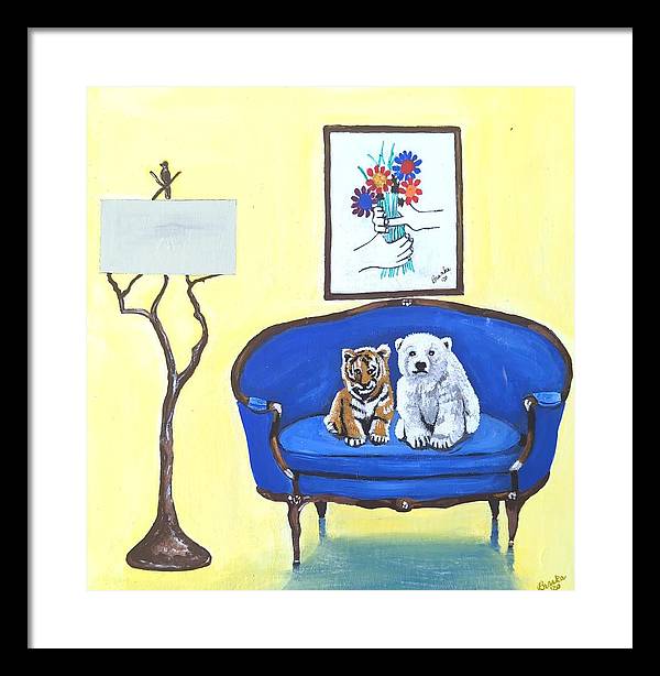 Baby tiger n bear on chair  - Framed Print