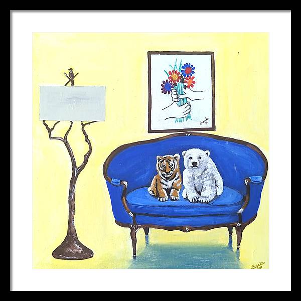 Baby tiger n bear on chair  - Framed Print