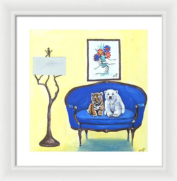 Baby tiger n bear on chair  - Framed Print