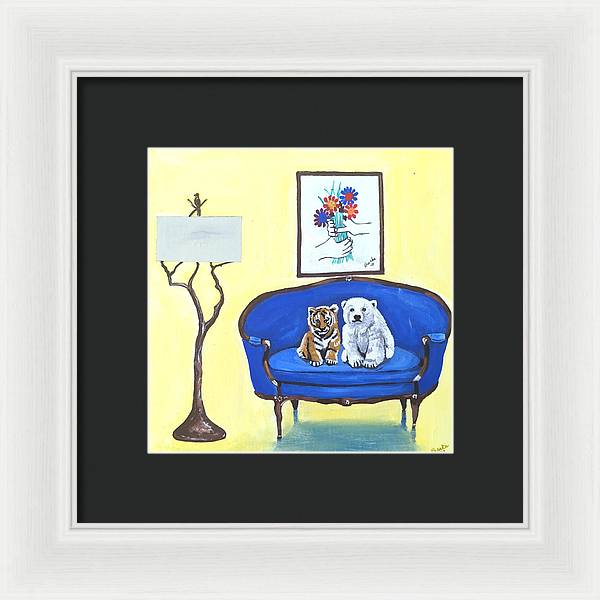 Baby tiger n bear on chair  - Framed Print