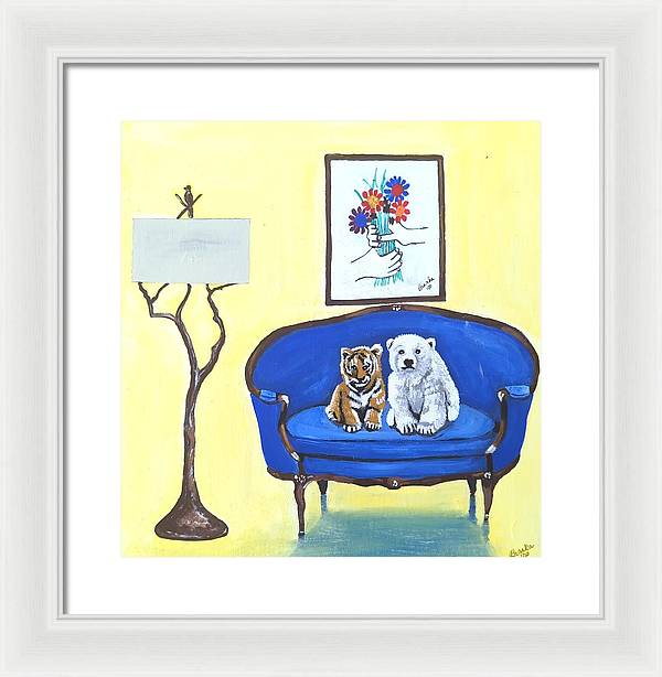 Baby tiger n bear on chair  - Framed Print