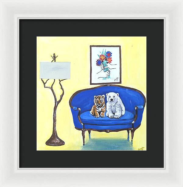 Baby tiger n bear on chair  - Framed Print