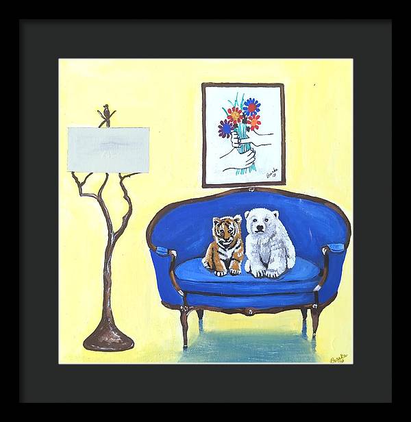 Baby tiger n bear on chair  - Framed Print