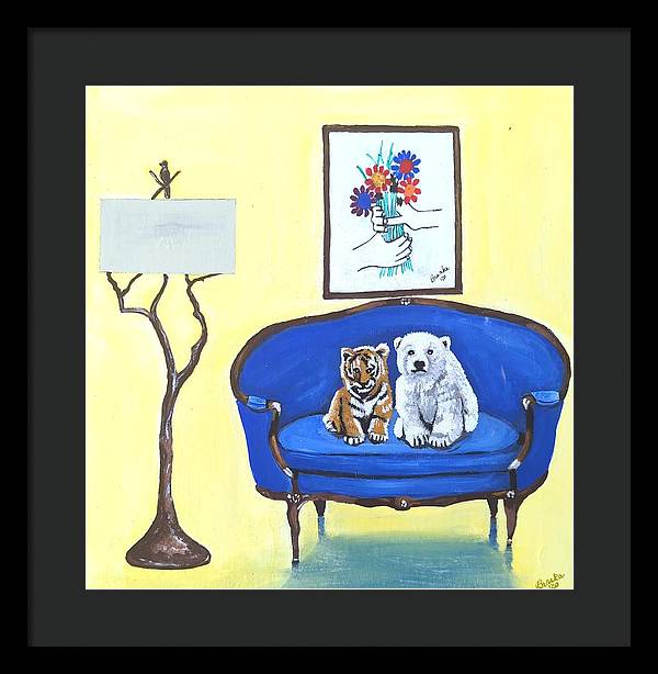 Baby tiger n bear on chair  - Framed Print