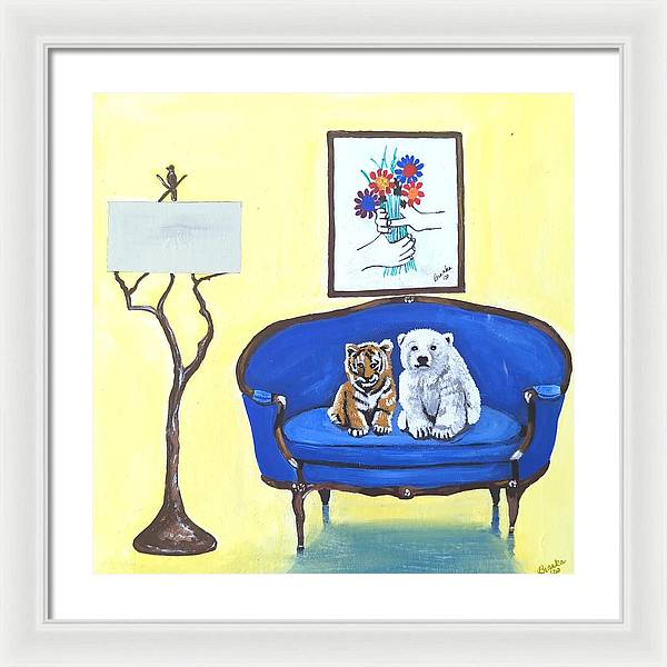 Baby tiger n bear on chair  - Framed Print