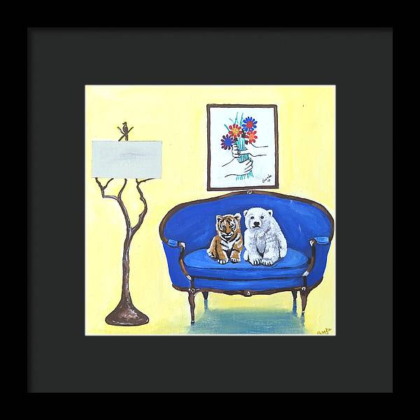 Baby tiger n bear on chair  - Framed Print