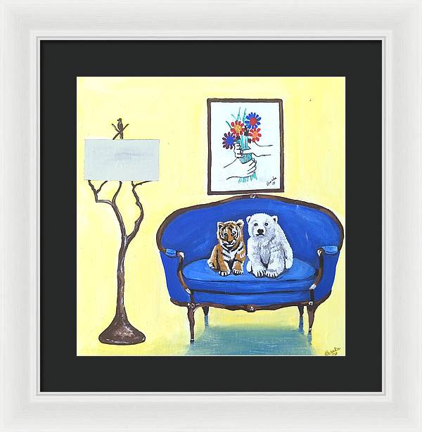 Baby tiger n bear on chair  - Framed Print