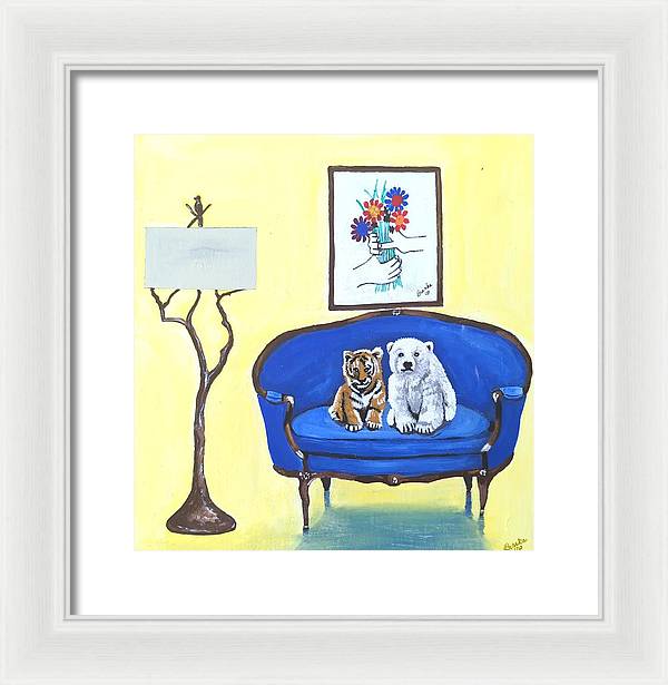 Baby tiger n bear on chair  - Framed Print