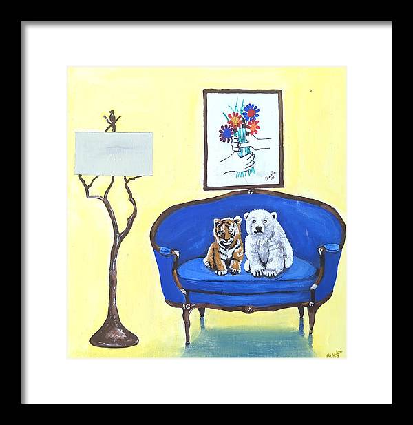 Baby tiger n bear on chair  - Framed Print