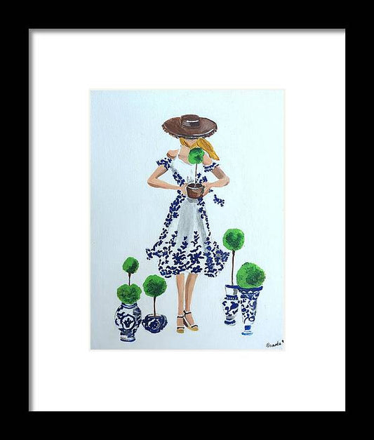 Blue White Topiary Lady - Framed Print