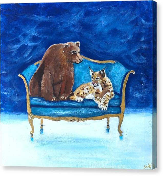 Brown bear and lynx on chair - Canvas Print