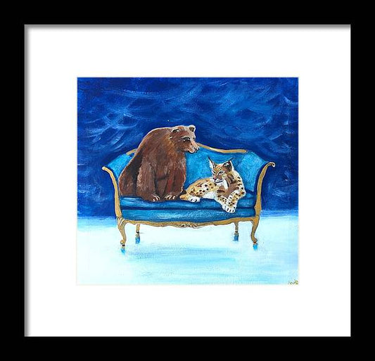 Brown bear and lynx on chair - Framed Print