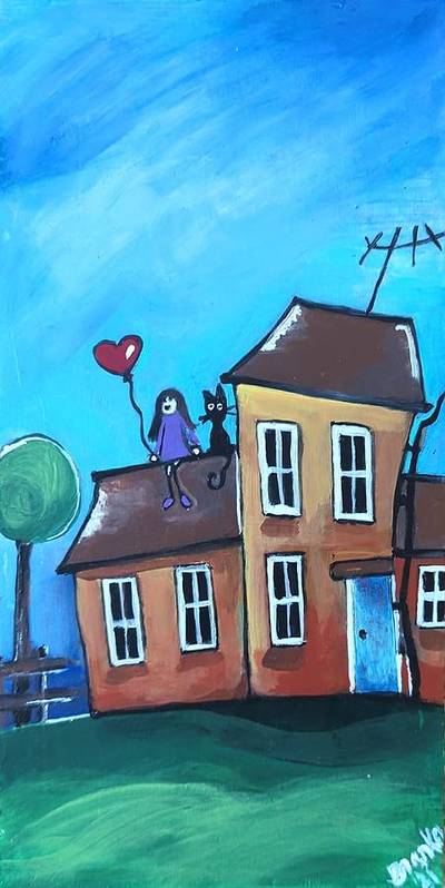 Fairy House 1 Girl Cat on Roof - Art Print