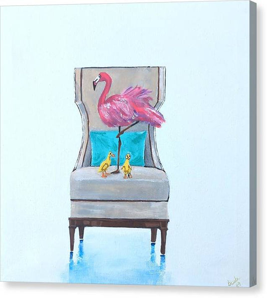 Flamingo n baby ducks on chair - Canvas Print