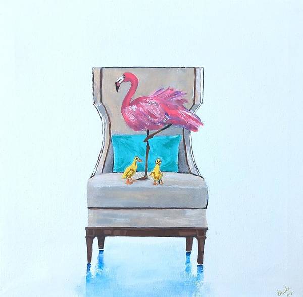 Flamingo n baby ducks on chair - Art Print