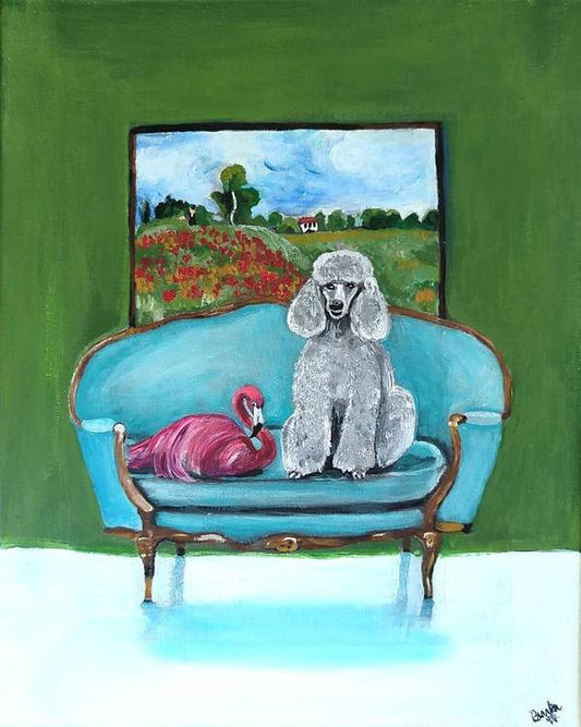 Poodle Flamingo on Chair - Art Print