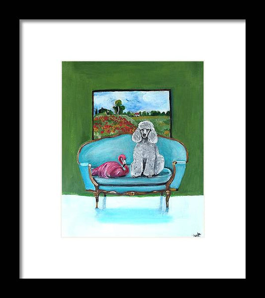 Poodle Flamingo on Chair - Framed Print