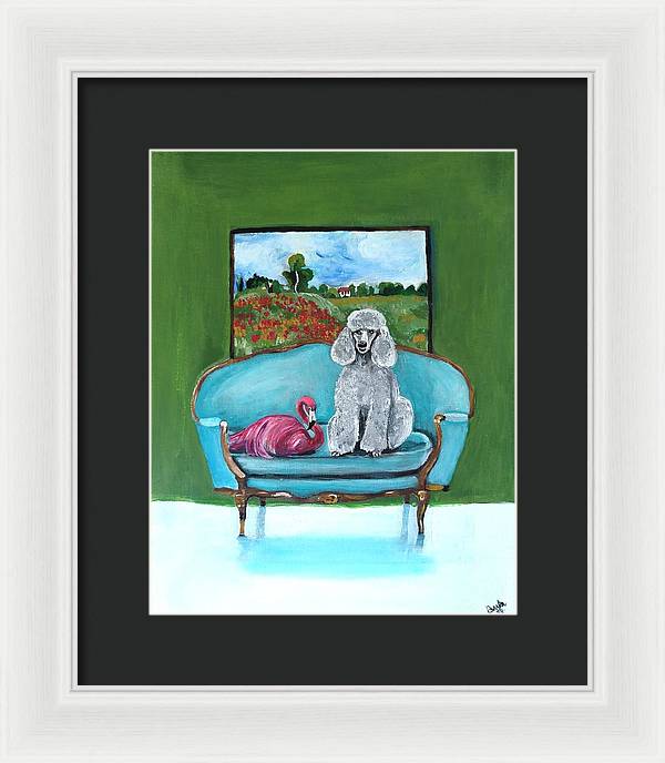 Poodle Flamingo on Chair - Framed Print