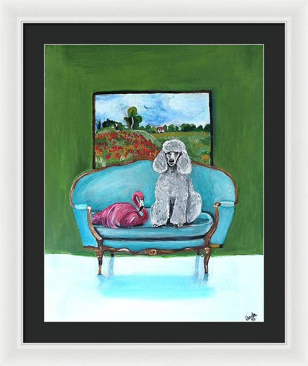 Poodle Flamingo on Chair - Framed Print