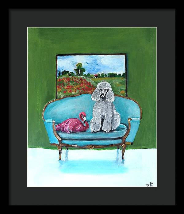 Poodle Flamingo on Chair - Framed Print