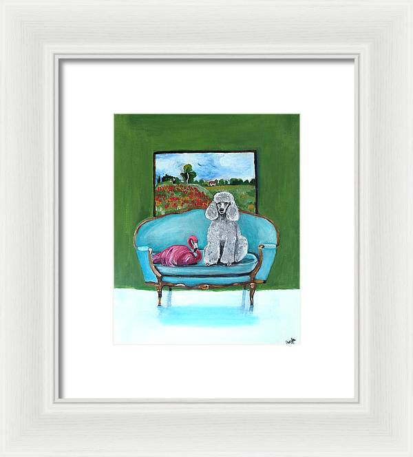 Poodle Flamingo on Chair - Framed Print