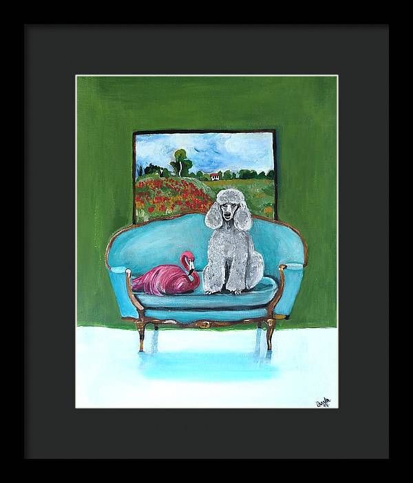 Poodle Flamingo on Chair - Framed Print