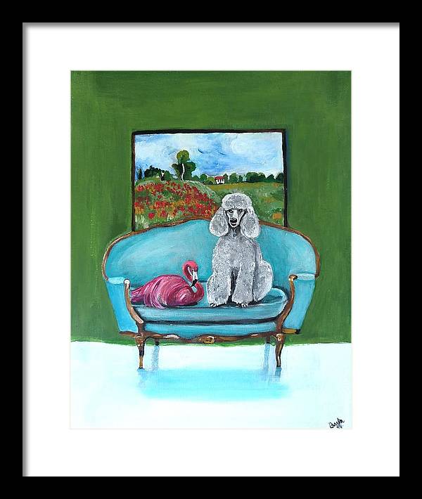 Poodle Flamingo on Chair - Framed Print