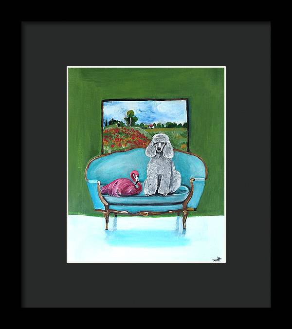 Poodle Flamingo on Chair - Framed Print
