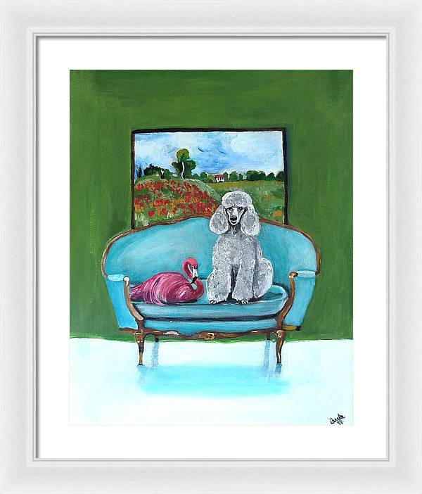 Poodle Flamingo on Chair - Framed Print