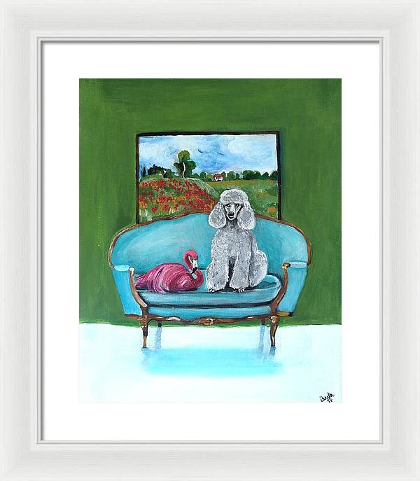 Poodle Flamingo on Chair - Framed Print