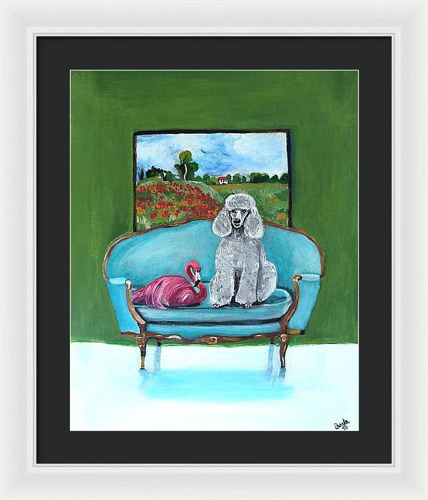 Poodle Flamingo on Chair - Framed Print