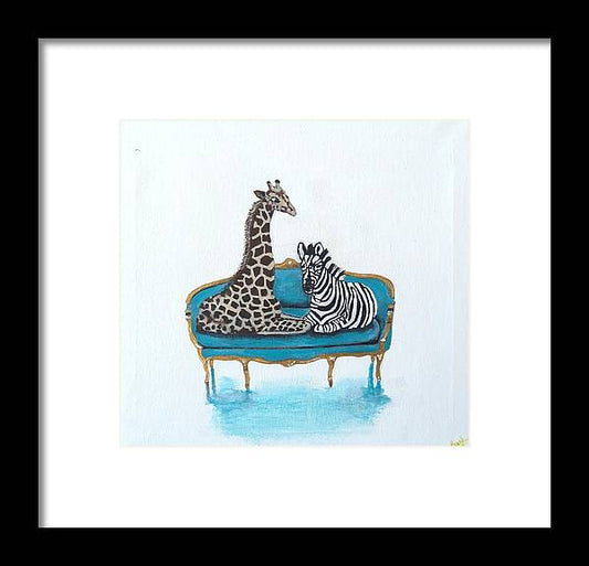 Giraffe  Zebra on chair - Framed Print