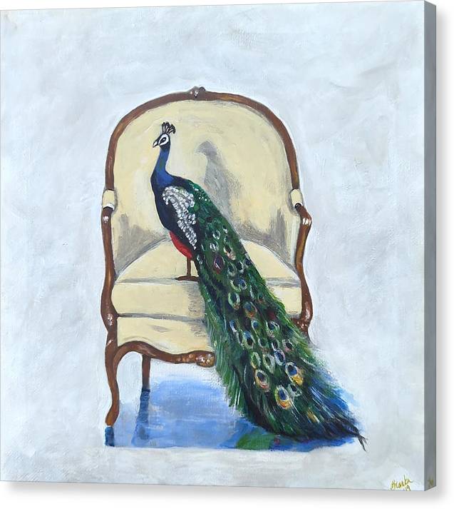 Peacock in chair - Canvas Print