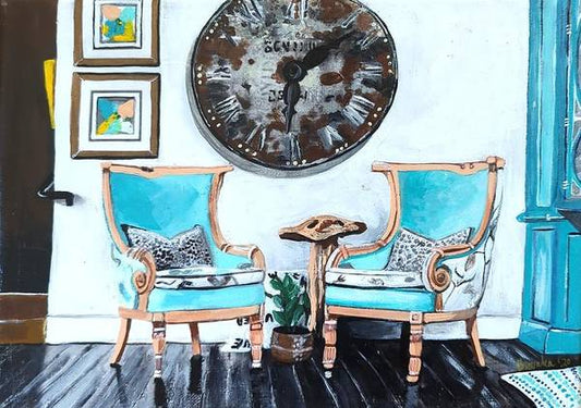 Two teal empty chairs - Art Print