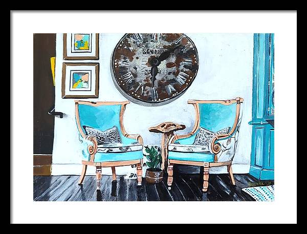 Two teal empty chairs - Framed Print