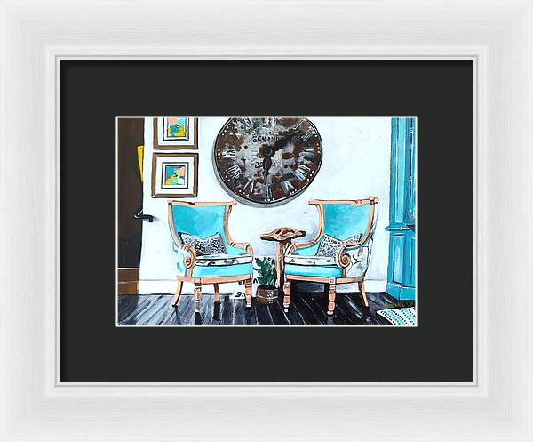 Two teal empty chairs - Framed Print