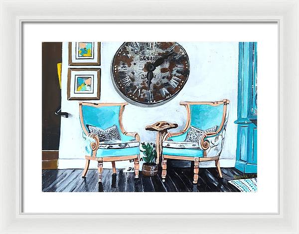 Two teal empty chairs - Framed Print